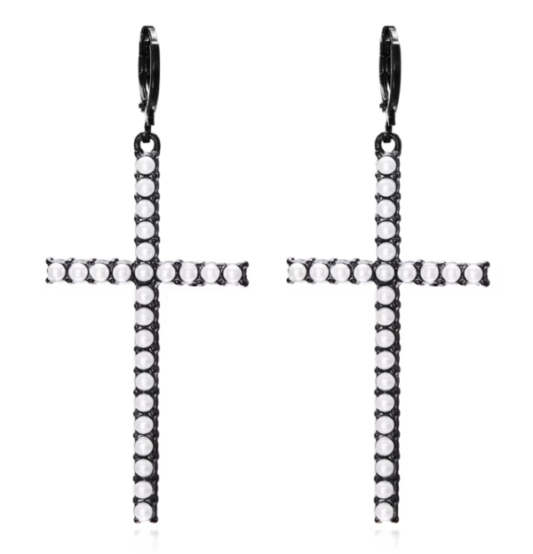 KOMI Black Silver Gold Rhinestone Pearl Cross Dangle Drop Earrings for Women Trendy Dainty Cross Hoop Earrings for Girls Gifts