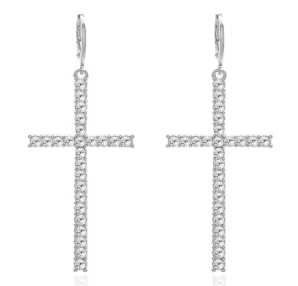 KOMI Black Silver Gold Rhinestone Pearl Cross Dangle Drop Earrings for Women Trendy Dainty Cross Hoop Earrings for Girls Gifts