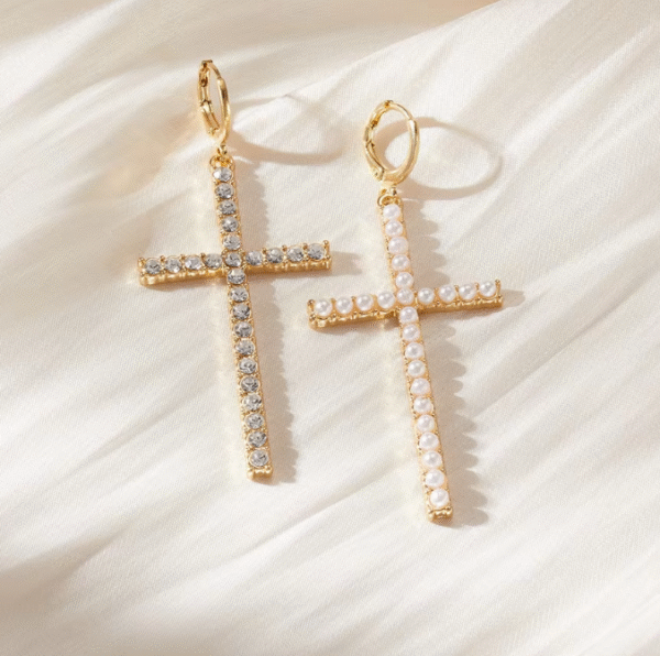 KOMI Black Silver Gold Rhinestone Pearl Cross Dangle Drop Earrings for Women Trendy Dainty Cross Hoop Earrings for Girls Gifts