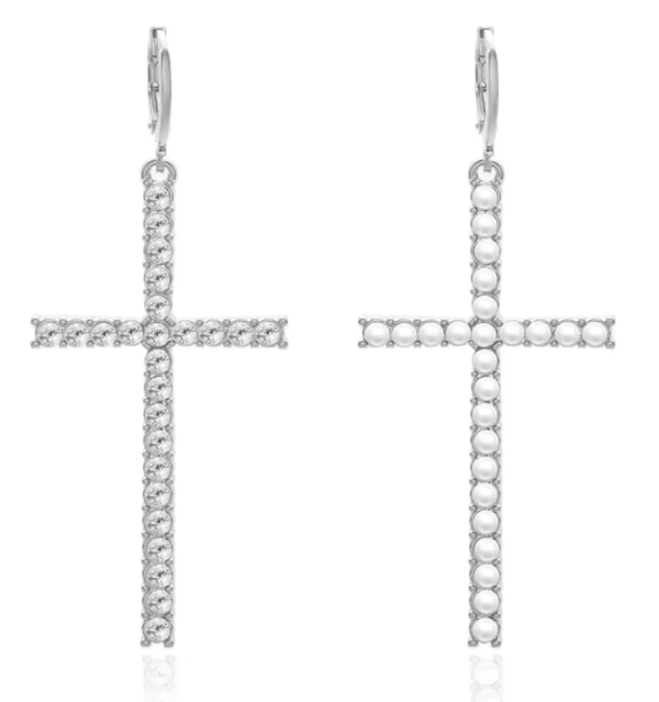 KOMI Black Silver Gold Rhinestone Pearl Cross Dangle Drop Earrings for Women Trendy Dainty Cross Hoop Earrings for Girls Gifts