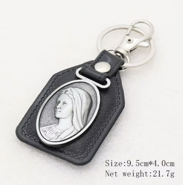 Factory Wholesale Spot Retro Metal Leather Combination Car Ornament Religious Figure Pattern Keychain Jewelry Pendant