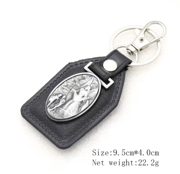 Factory Wholesale Spot Retro Metal Leather Combination Car Ornament Religious Figure Pattern Keychain Jewelry Pendant