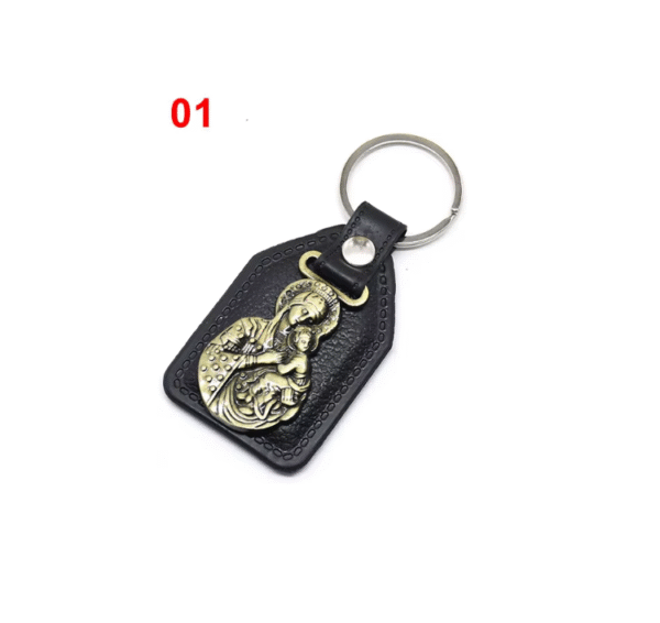 Factory Wholesale Spot Retro Metal Leather Combination Car Ornament Religious Figure Pattern Keychain Jewelry Pendant