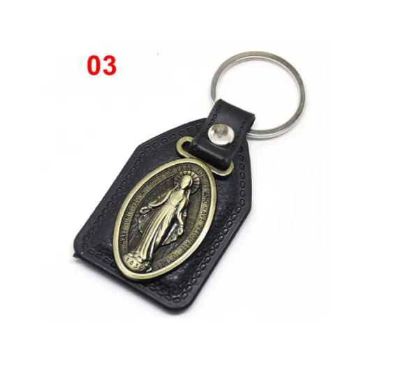 Factory Wholesale Spot Retro Metal Leather Combination Car Ornament Religious Figure Pattern Keychain Jewelry Pendant