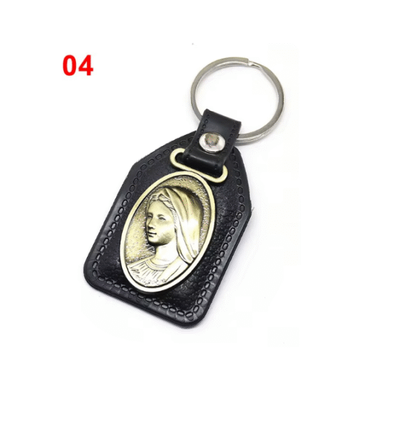 Factory Wholesale Spot Retro Metal Leather Combination Car Ornament Religious Figure Pattern Keychain Jewelry Pendant