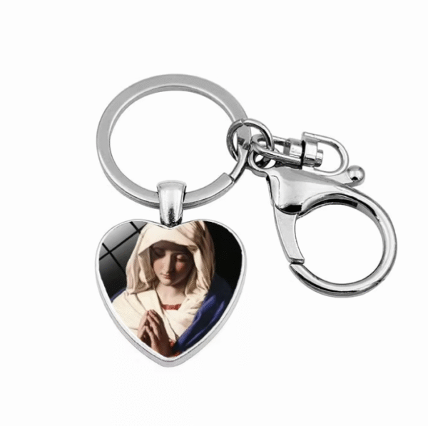 KOMI Religious Fashion Accessory Virgin Mary Heart Charms Keychain Metal Keyrings Keychains for Women Birthday Crafts Gifts