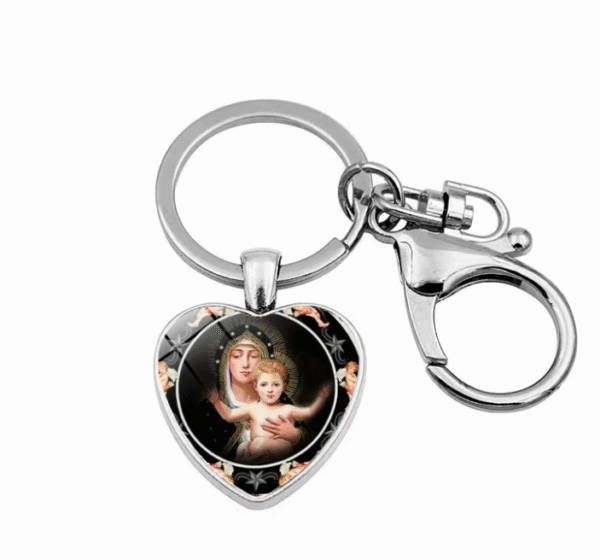 KOMI Religious Fashion Accessory Virgin Mary Heart Charms Keychain Metal Keyrings Keychains for Women Birthday Crafts Gifts