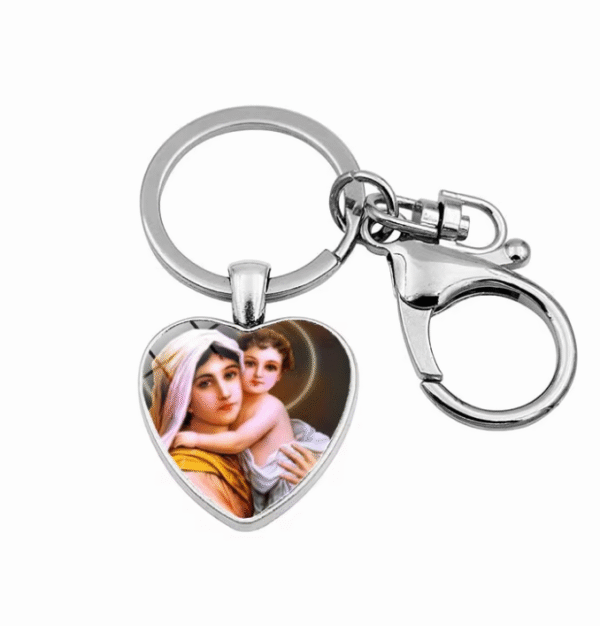 KOMI Religious Fashion Accessory Virgin Mary Heart Charms Keychain Metal Keyrings Keychains for Women Birthday Crafts Gifts