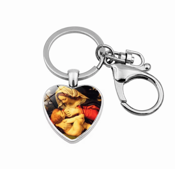 KOMI Religious Fashion Accessory Virgin Mary Heart Charms Keychain Metal Keyrings Keychains for Women Birthday Crafts Gifts