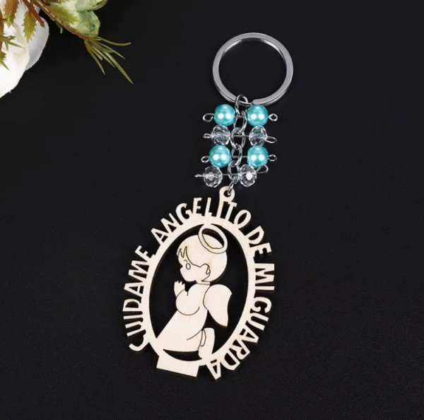 KOMI Hot Saling Baptism Keychain Little Angel Keyrings Wooden Boys and Girls Charms Key Chain Rings with Pearl Beads Keychains