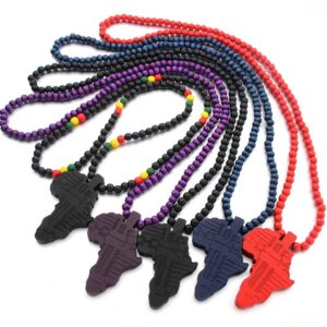KOMI 8mm Wooden Beaded Rosary Necklace Wood African Map Pendant Necklaces for Men Women Hiphop Fashion Wood Beads Necklace