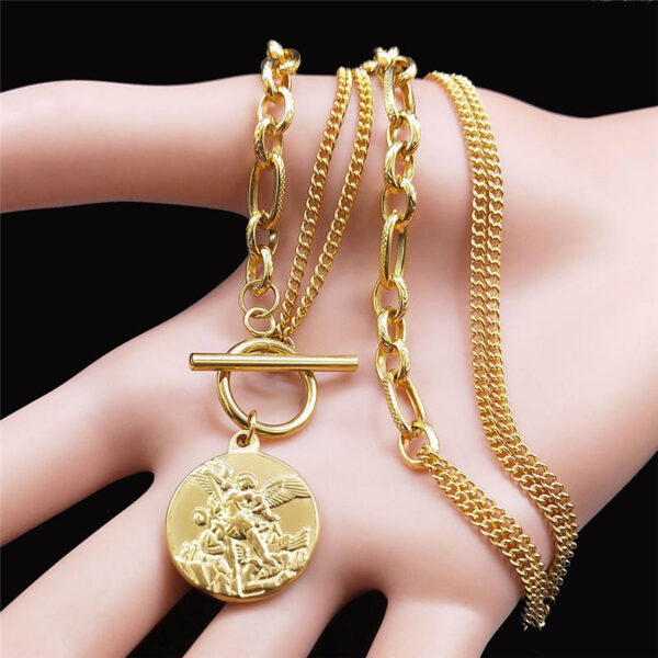 KOMI 18K Gold Plated Stainless Steel Choker Necklace Geometric Circle Round Religious Emboss Medal Pendant Necklaces for Men