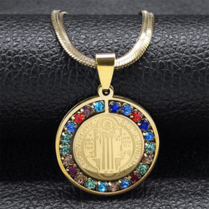 KOMI Stainless Steel Saint Benedict Medal Pendant Cross Border New Round Coin Necklace with Diamonds