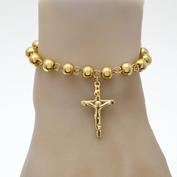 6MM Gold Handmade Stainless Steel Color Preserving Cross Rosary Bracelet Jesus Gilded Hip Hop Beaded Bracelet