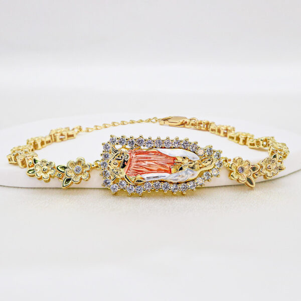KOMI 14K Gold Plated Cubic Zirconia Virgin Mary Statement Charm Bracelets for Women Flower Beads Chain Bracelet Cuff Bangles