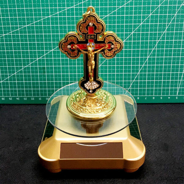 KOMI 2024 New Solar Rotating Base Catholic Cross Alloy Diamond-encrusted Car Ornament