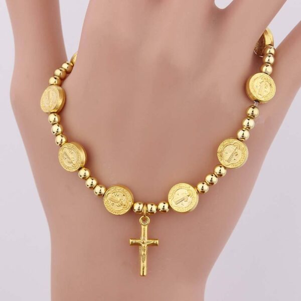 Gold Stainless Steel Cross Jesus Jewelry Rosary Jesus Gilded Hip Hop Religious Bead Bracelets