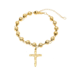 6MM Gold Handmade Stainless Steel Color Preserving Cross Rosary Bracelet Jesus Gilded Hip Hop Beaded Bracelet