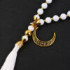 KOMI 12mm White Crystal Muslim Prayer Beads Rosary 33 Beads Bracelet with Gold Moon Charm Islamic Prayer Misbaha Jewelry Gift