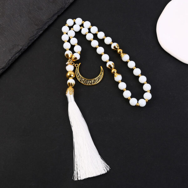 KOMI 12mm White Crystal Muslim Prayer Beads Rosary 33 Beads Bracelet with Gold Moon Charm Islamic Prayer Misbaha Jewelry Gift