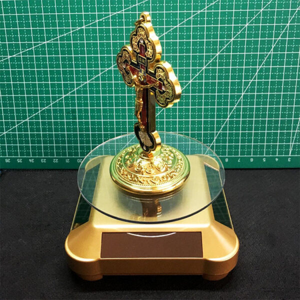 KOMI 2024 New Solar Rotating Base Catholic Cross Alloy Diamond-encrusted Car Ornament