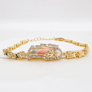 KOMI 14K Gold Plated Cubic Zirconia Virgin Mary Statement Charm Bracelets for Women Flower Beads Chain Bracelet Cuff Bangles