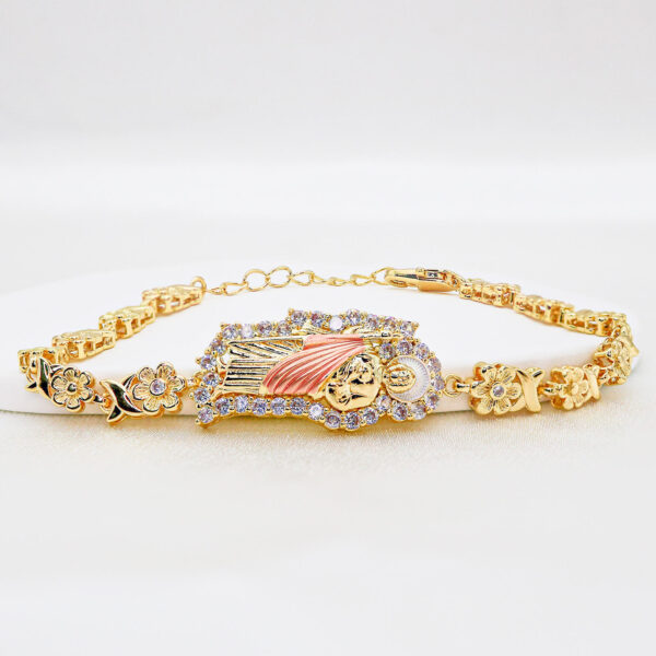 KOMI 14K Gold Plated Cubic Zirconia Virgin Mary Statement Charm Bracelets for Women Flower Beads Chain Bracelet Cuff Bangles