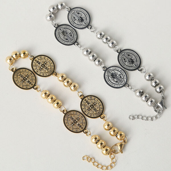 KOMI Gold Stainless Steel Beaded Link Chain Saint Benedict Charm Bracelets for Men Silver Beads Rosary Bracelet for Faith Prayer