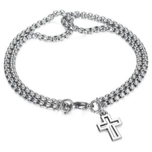 KOMI Men Cross Bracelet Silver Double Box Chain Cuff Bracelet Dangling Hollow Cross Charms Bracelet for Men Trendy Jewelry Gifts