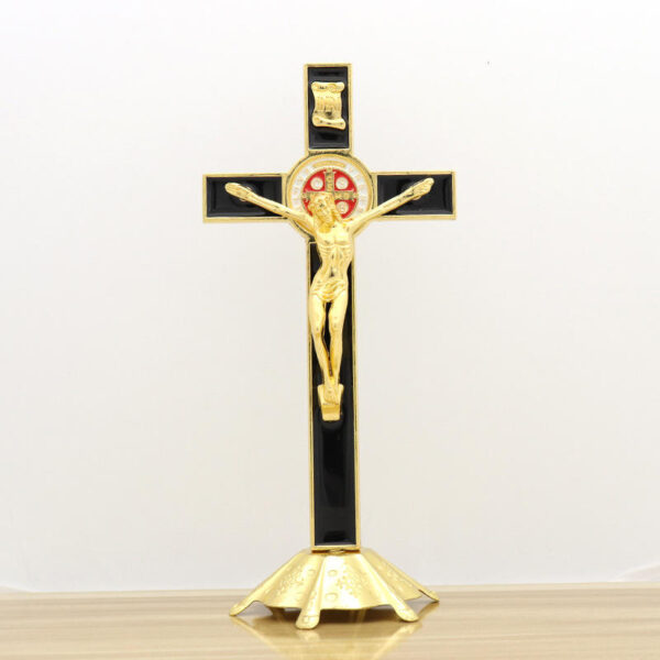 KOMI Home Decorations Collection Tabletop Standing Gold Metal Black Enamel Crucifix Cross Ornaments for Souvenirs Business Gift