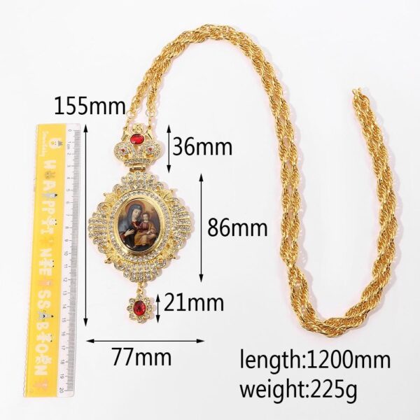 7d2bd1cec9ed57c3f68db70ac9a75b0c_He3b60fb4c4aa4e448c3d28611658bd8a0_avif=close&webp=close KOMI Long Sweater Chain Necklace Large Rhinestone Crown Virgin Mary Figures Oval Medal Pendant Necklaces for Women Wedding Gifts
