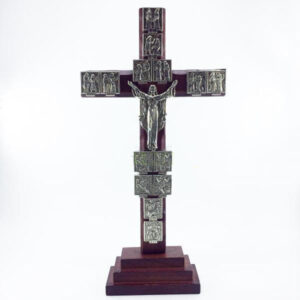 KOMI Solid Wood Embedded Zinc Alloy Fourteen Via Dolorosa Floating Statues Standing Wall Cross Decoration
