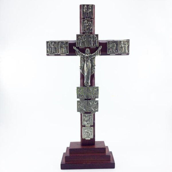 KOMI Solid Wood Embedded Zinc Alloy Fourteen Via Dolorosa Floating Statues Standing Wall Cross Decoration