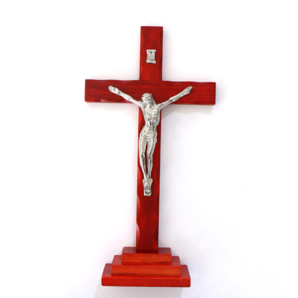 Christian Family Pray Wooden Cross Silver Metal Jesus Crucifix Standing Decoration Ornament Cross