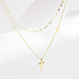 KOMI 18K Cross Charms Titanium Steel Necklace Women's Fashion 316L Stainless Steel Double Chain Necklace with Cross Pendants