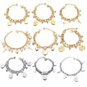 KOMI Fashion Titanium Steel Bracelet Double Layer Tree of Life Cross Heart Charms Bracelets Bangles for Women Party Wristband