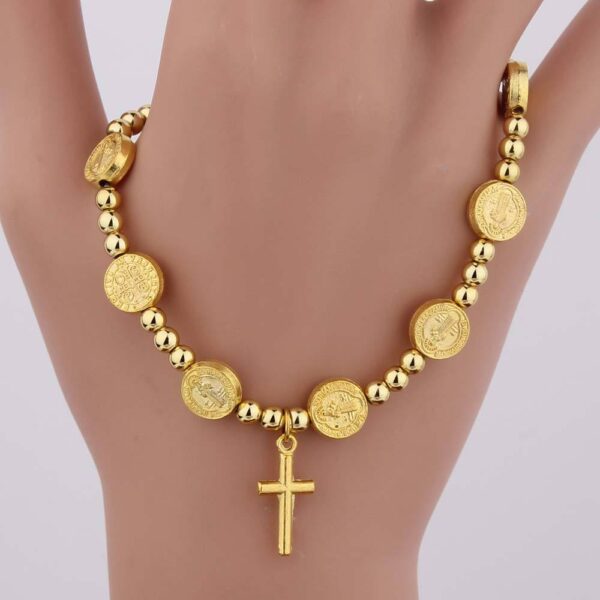 Gold Stainless Steel Cross Jesus Jewelry Rosary Jesus Gilded Hip Hop Religious Bead Bracelets