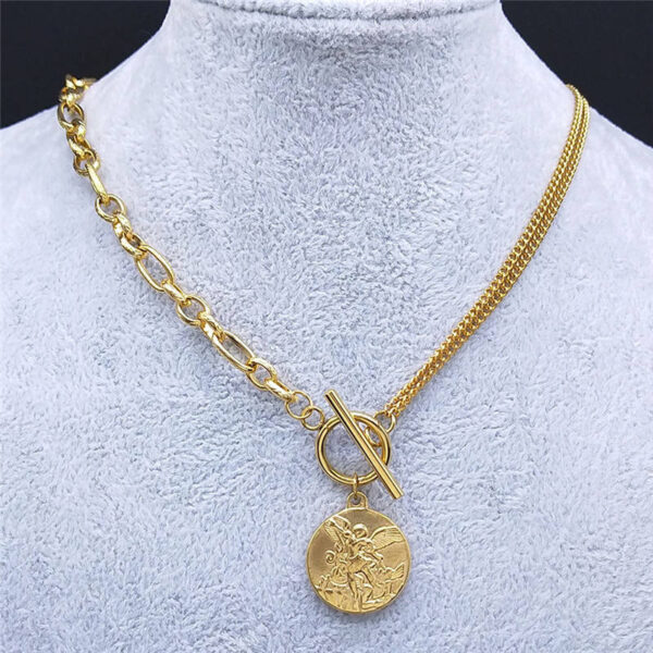KOMI 18K Gold Plated Stainless Steel Choker Necklace Geometric Circle Round Religious Emboss Medal Pendant Necklaces for Men