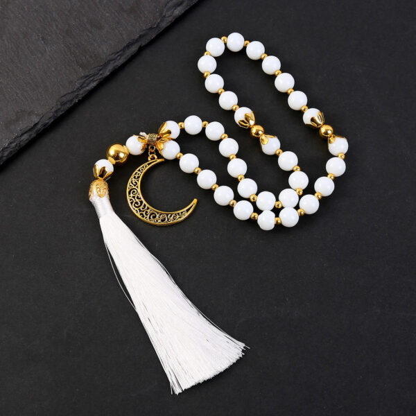 KOMI 12mm White Crystal Muslim Prayer Beads Rosary 33 Beads Bracelet with Gold Moon Charm Islamic Prayer Misbaha Jewelry Gift