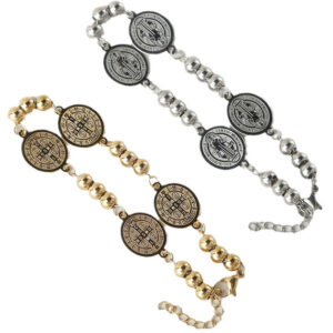 KOMI Gold Stainless Steel Beaded Link Chain Saint Benedict Charm Bracelets for Men Silver Beads Rosary Bracelet for Faith Prayer