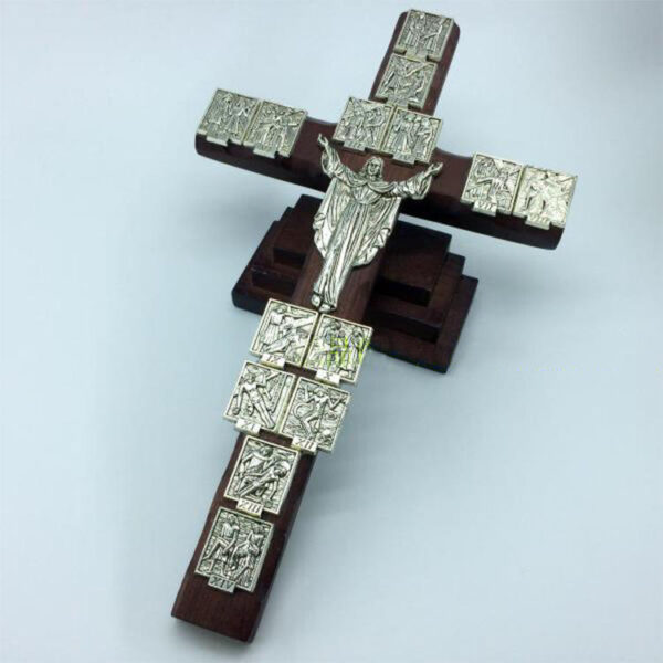 KOMI Solid Wood Embedded Zinc Alloy Fourteen Via Dolorosa Floating Statues Standing Wall Cross Decoration