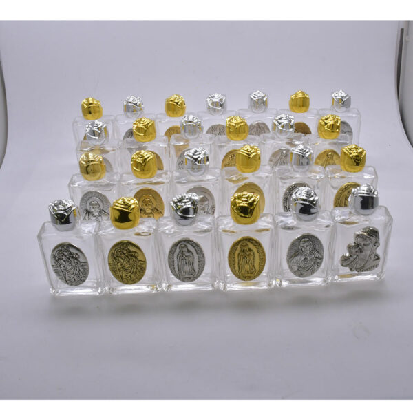 H0d2a37f789284b55bef26c27cd181199Y KOMI 15ml Rose Glass Saint Pattern Bottle Boutique Ancient Gold and Silver Metal Water Bottle Religious Baptism Bottle