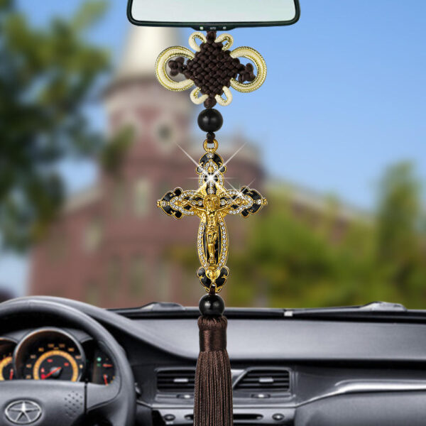 Gold Alloy Diamond Braided Rope Jesus Cross Car Pendant Ornaments Pendant