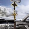 Gold Alloy Diamond Braided Rope Jesus Cross Car Pendant Ornaments Pendant