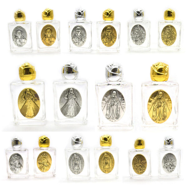 Hde2040344a084bef8949664b51be9dddH KOMI 15ml Rose Glass Saint Pattern Bottle Boutique Ancient Gold and Silver Metal Water Bottle Religious Baptism Bottle