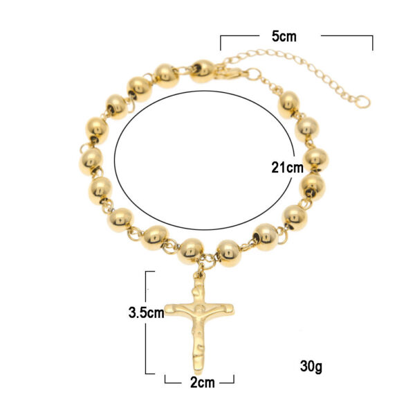 6MM Gold Handmade Stainless Steel Color Preserving Cross Rosary Bracelet Jesus Gilded Hip Hop Beaded Bracelet