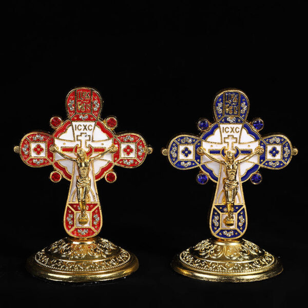 KOMI Vintage Table Standing Ornaments Gold Plated Blue Red Enamel Religious Cross for Home Church Car Decoration Crafts Gifts