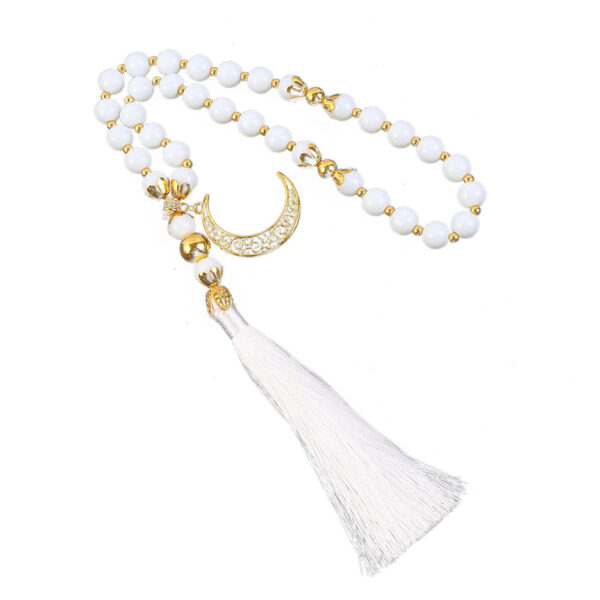 KOMI 12mm White Crystal Muslim Prayer Beads Rosary 33 Beads Bracelet with Gold Moon Charm Islamic Prayer Misbaha Jewelry Gift