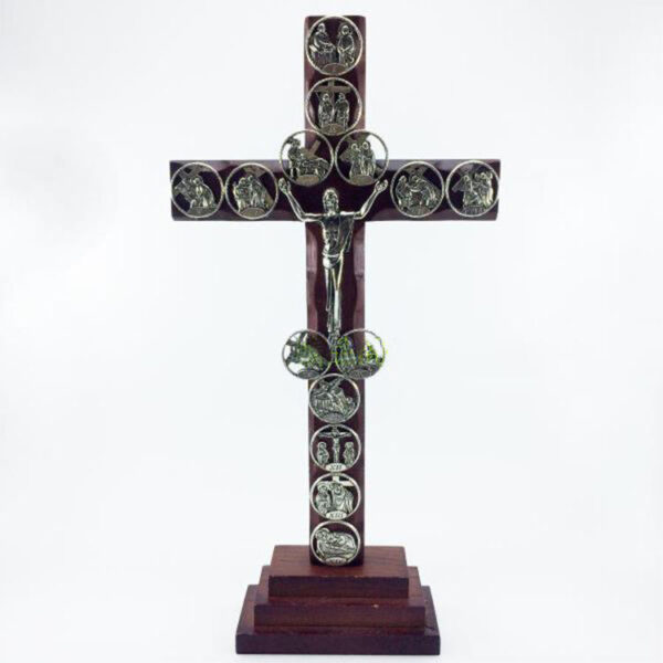 KOMI Solid Wood Embedded Zinc Alloy Fourteen Via Dolorosa Floating Statues Standing Wall Cross Decoration
