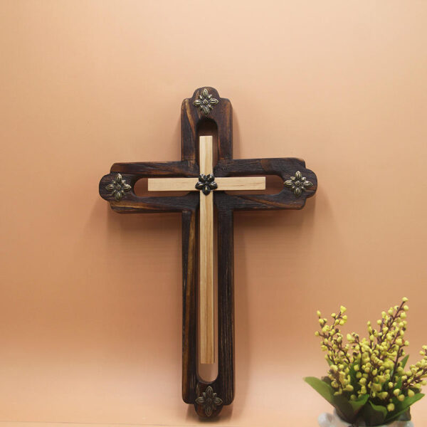 KOMI Black Grooved Wall Hanging Cross Hardware with Iron Flower Wooden Crafts Custom Products
